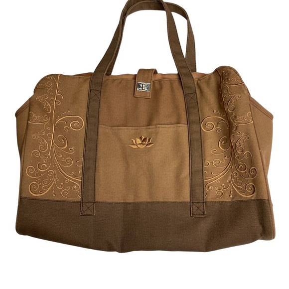 Savasa Canvas Tote Bag Embroidered Floral Design Travel Carry On Brown‎ - Picture 1 of 8